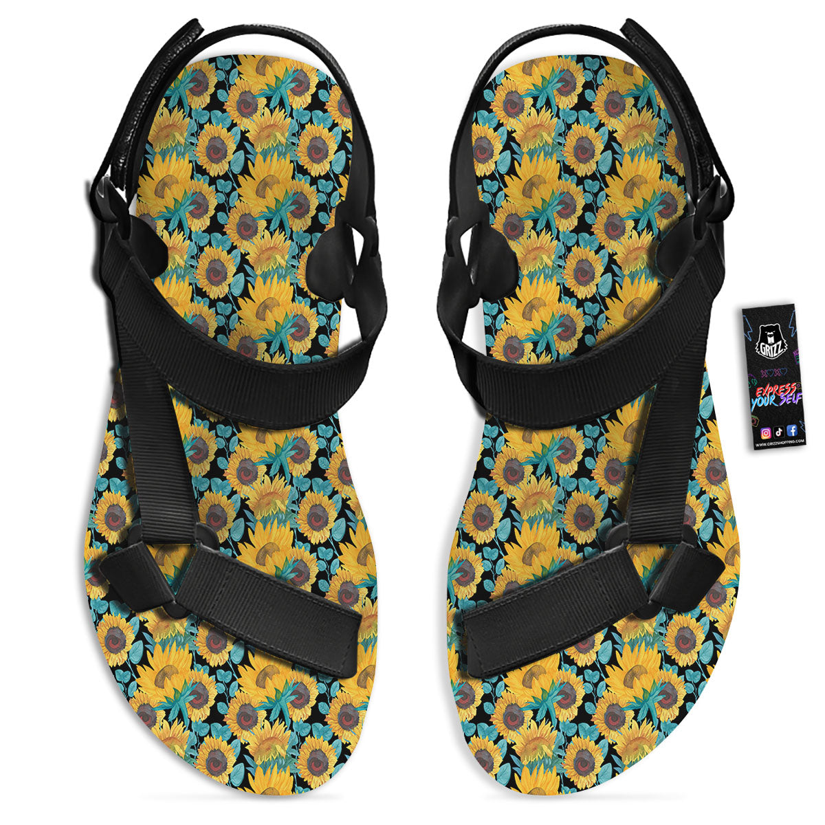 Sunflower Bright Print Pattern Black Open Toe Sandals-grizzshop
