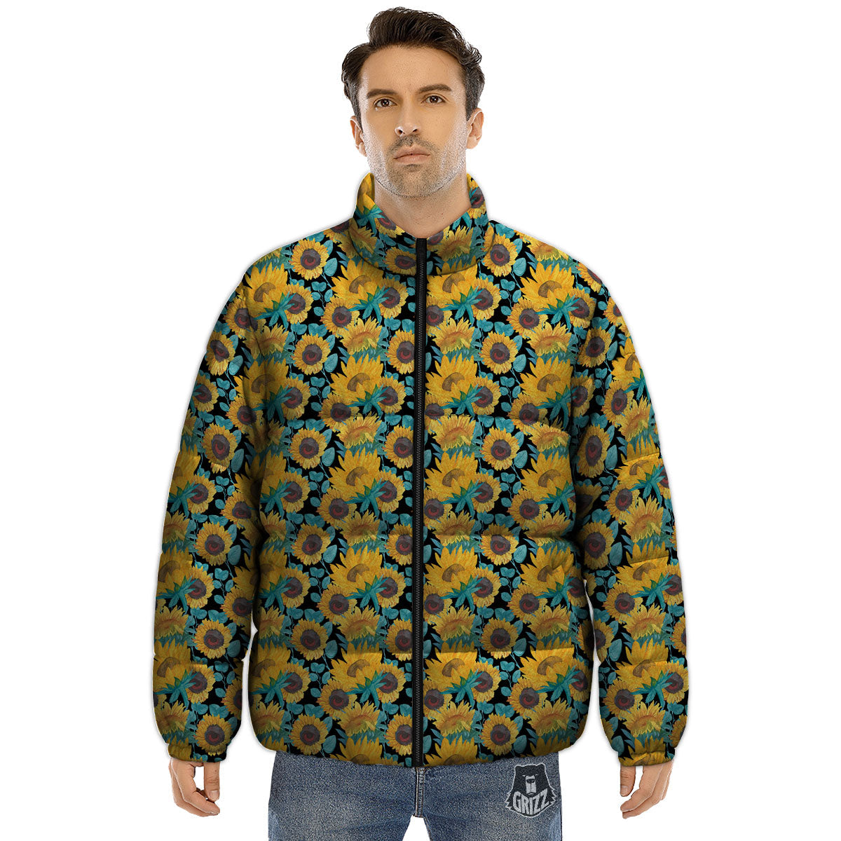 Sunflower Bright Print Pattern Puffer Jacket-grizzshop