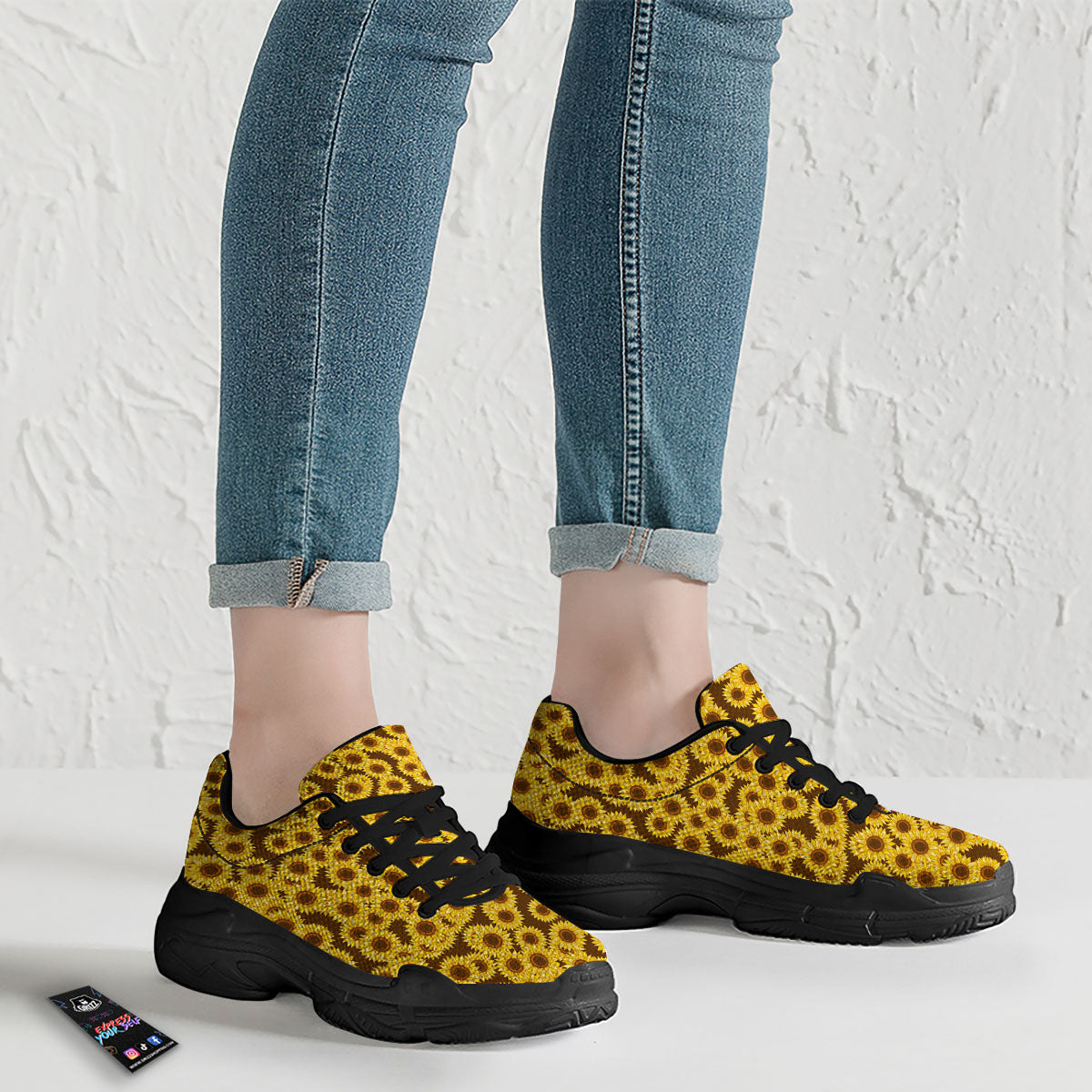 Sunflower Brown Print Pattern Black Chunky Shoes-grizzshop