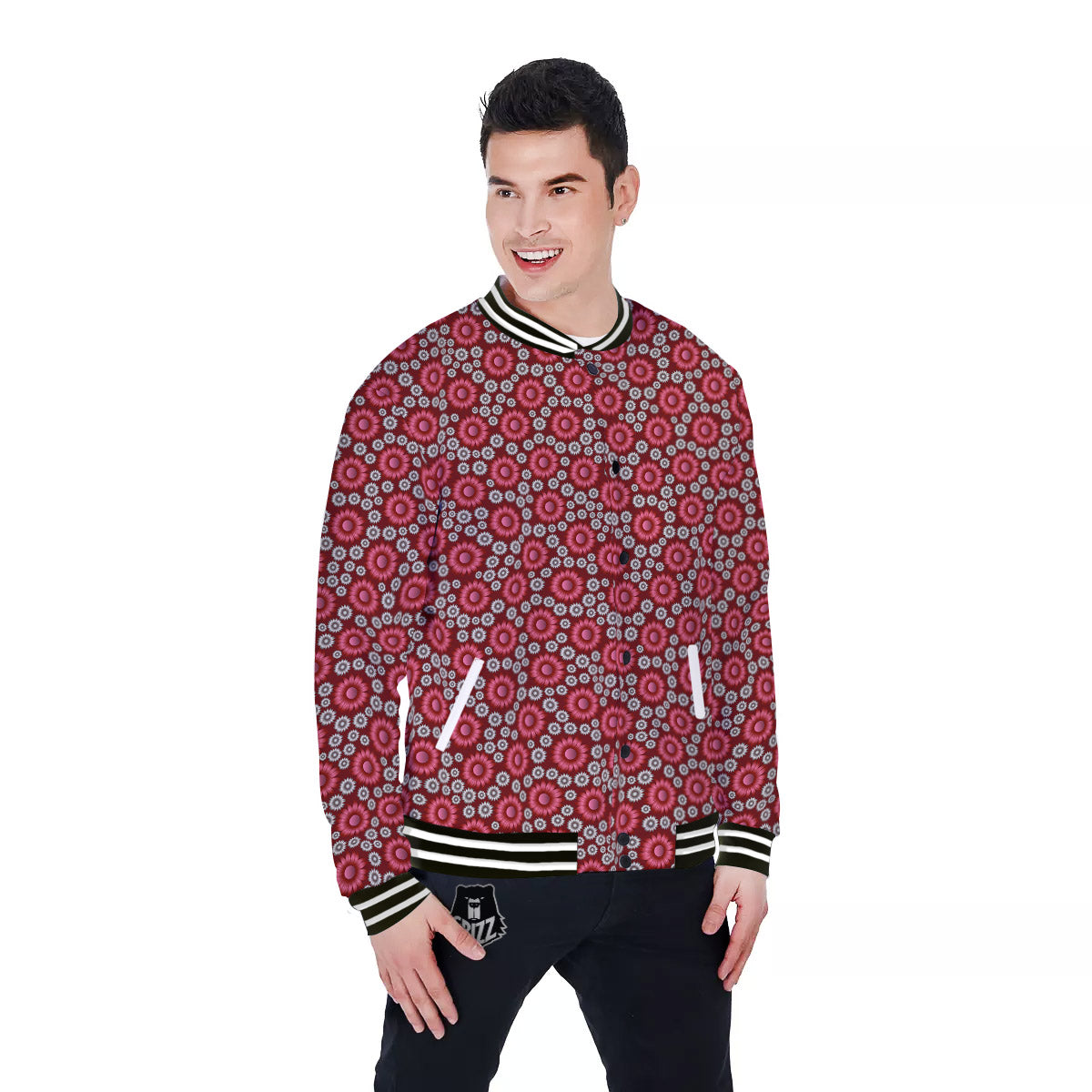 Sunflower Burgundy Print Pattern Baseball Jacket-grizzshop