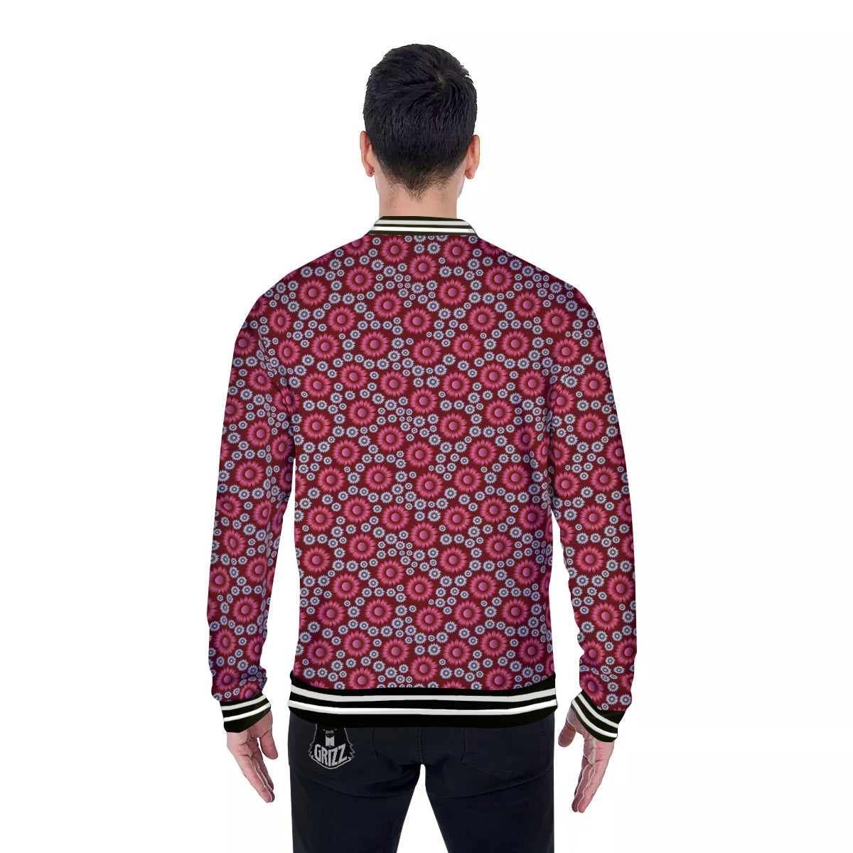 Sunflower Burgundy Print Pattern Baseball Jacket-grizzshop