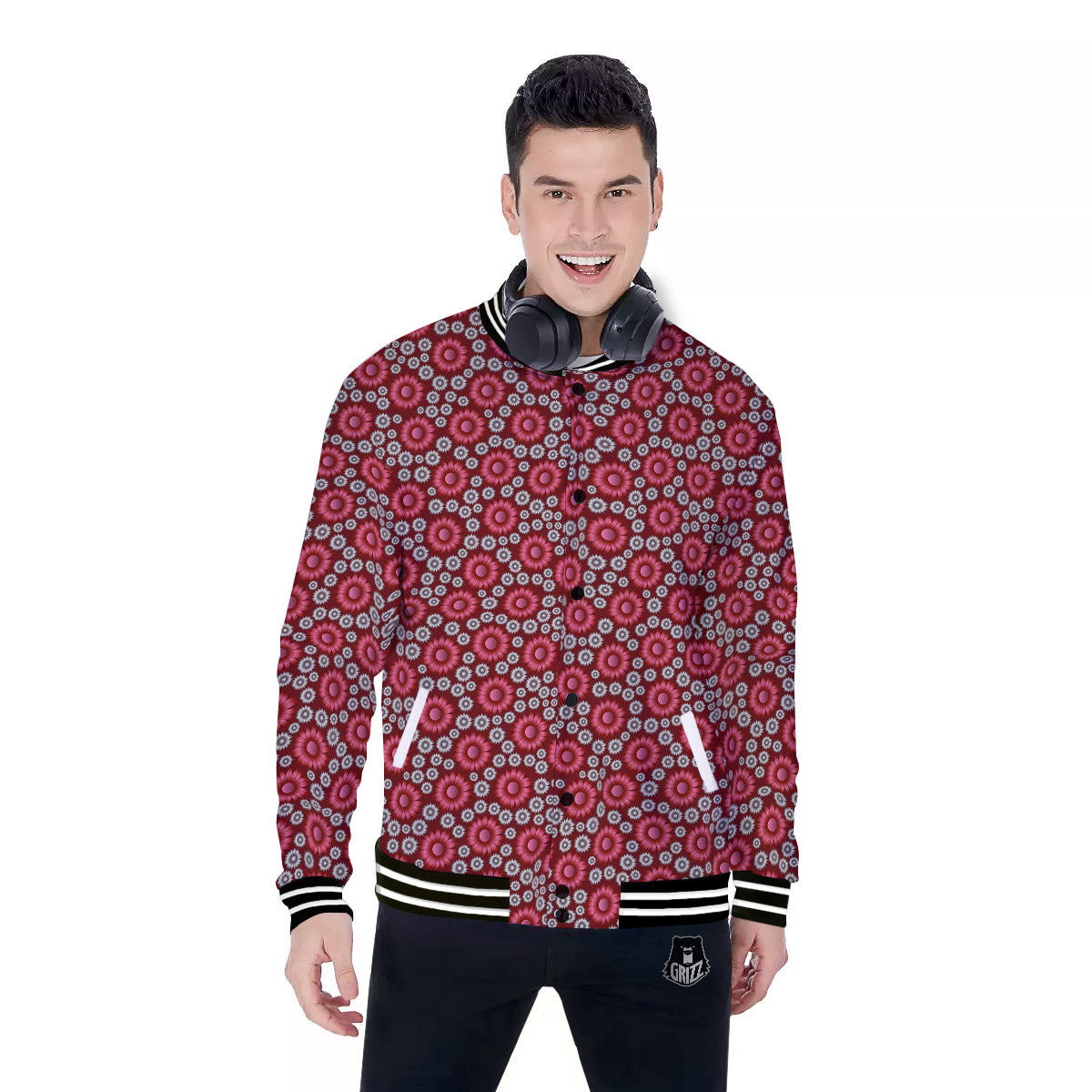 Sunflower Burgundy Print Pattern Baseball Jacket-grizzshop
