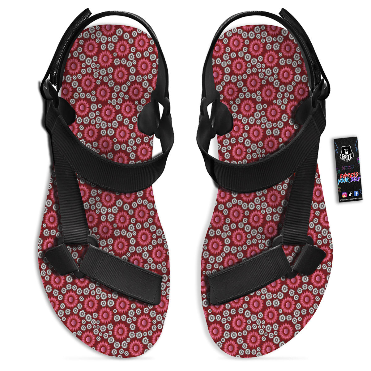 Sunflower Burgundy Print Pattern Black Open Toe Sandals-grizzshop