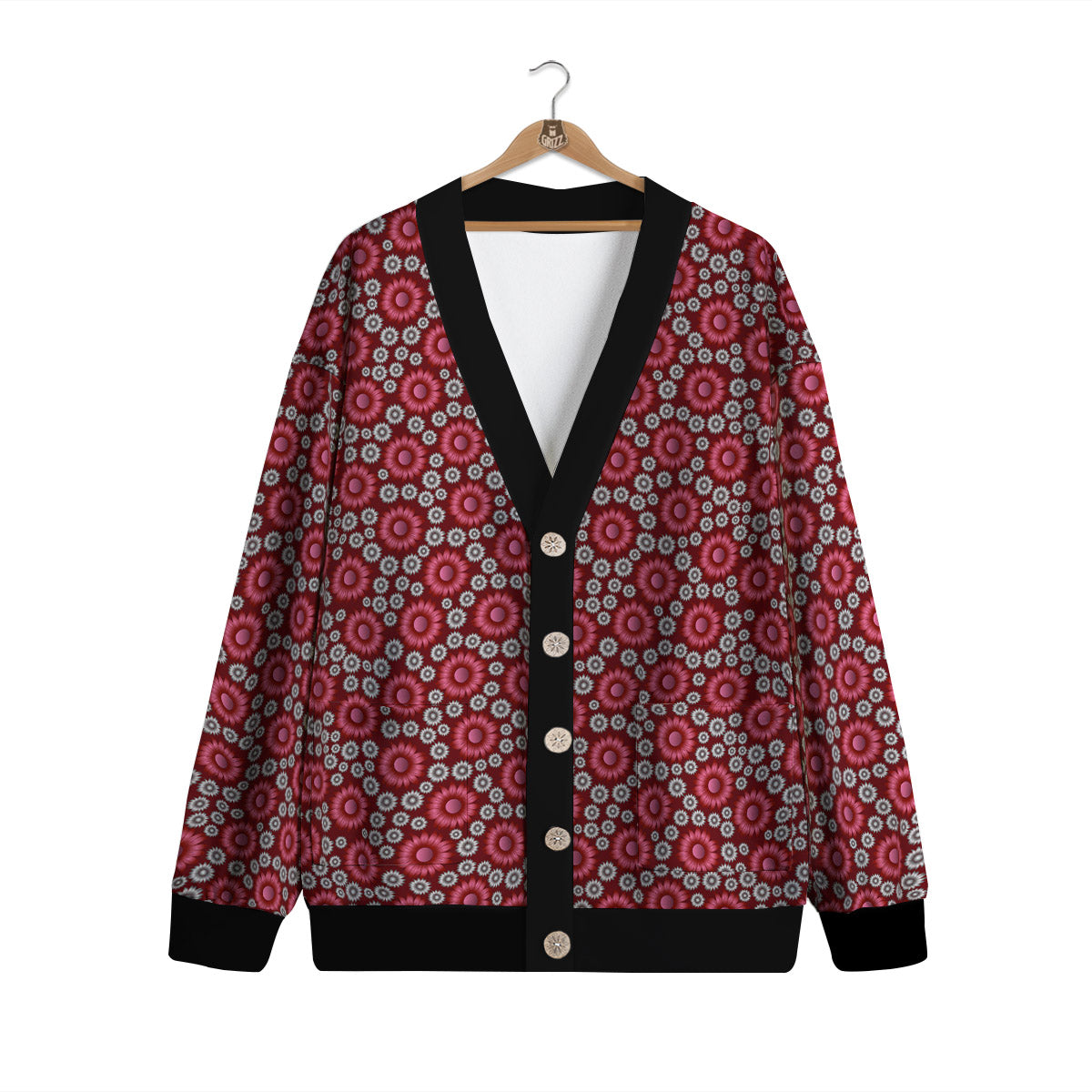 Sunflower Burgundy Print Pattern Cardigan-grizzshop