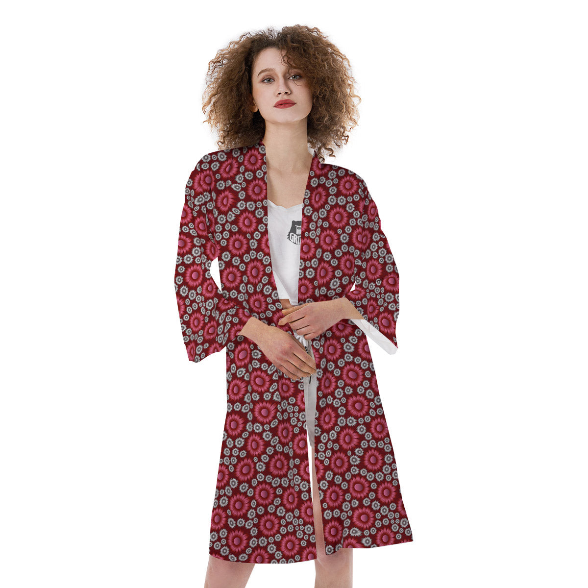 Sunflower Burgundy Print Pattern Kimono-grizzshop