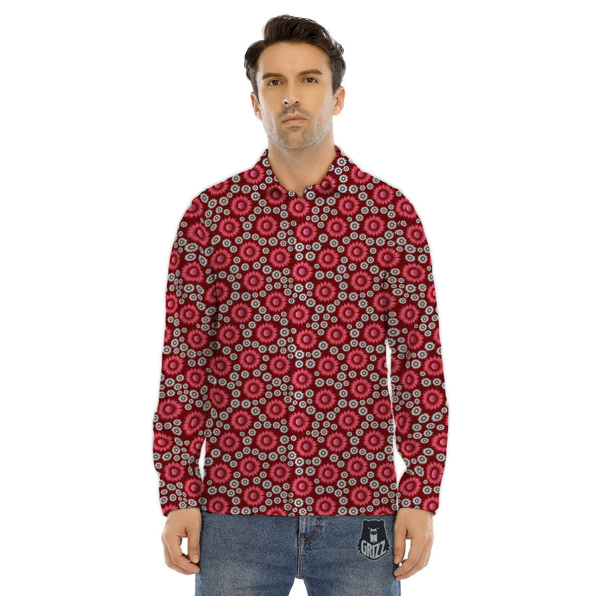 Sunflower Burgundy Print Pattern Men's Dress Shirts-grizzshop