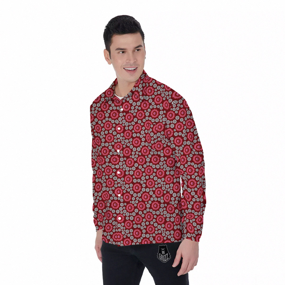 Sunflower Burgundy Print Pattern Men's Long Sleeve Shirts-grizzshop