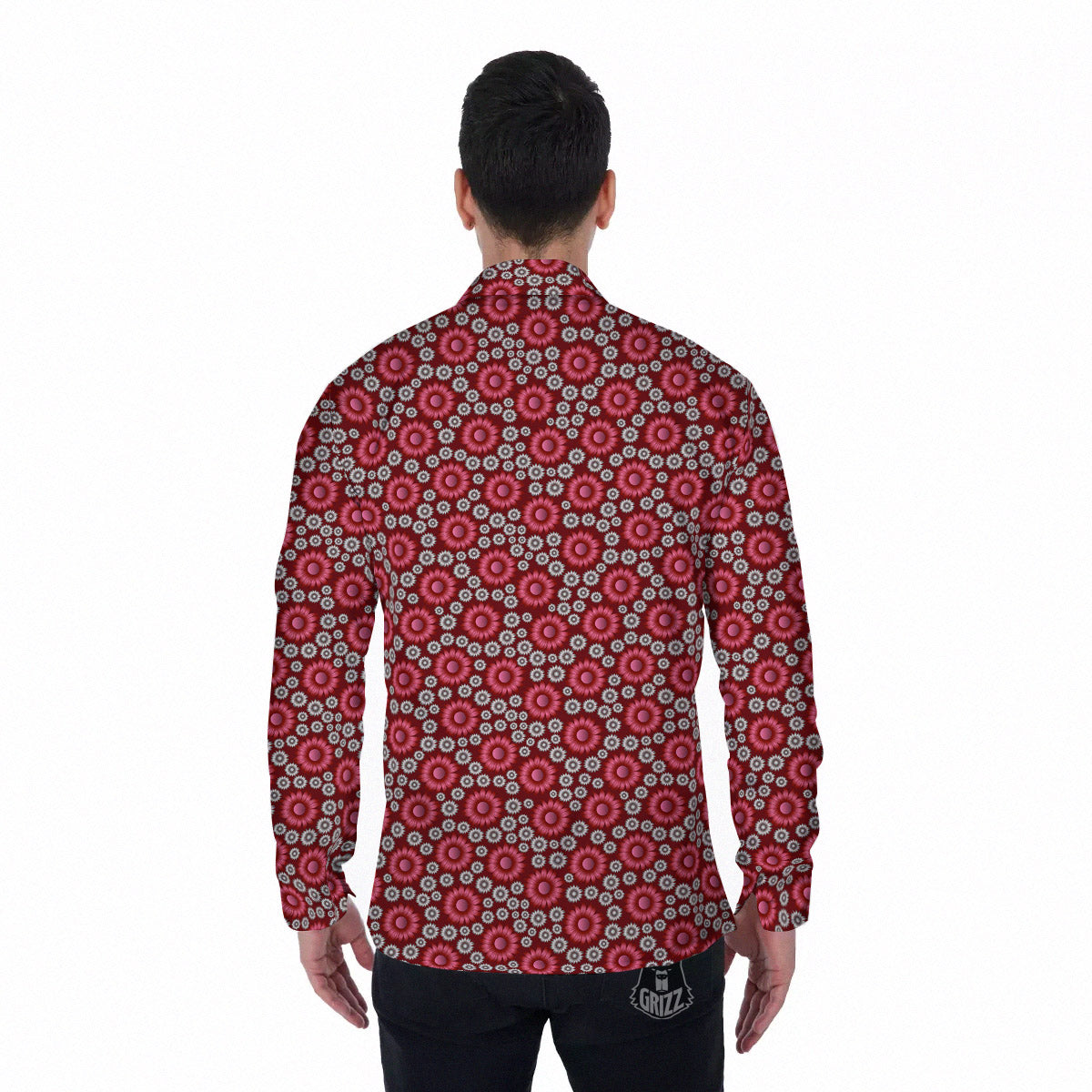 Sunflower Burgundy Print Pattern Men's Long Sleeve Shirts-grizzshop