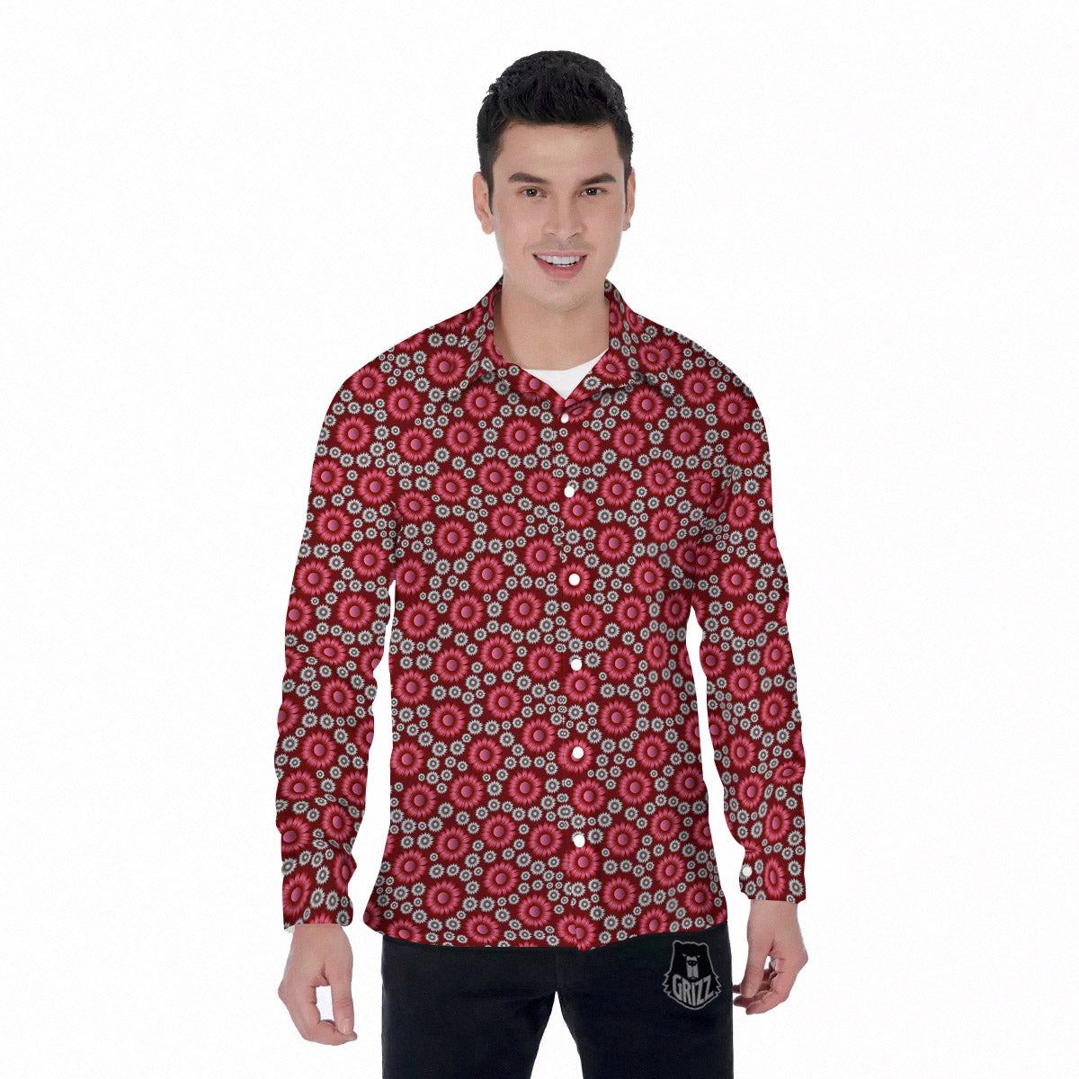 Sunflower Burgundy Print Pattern Men's Long Sleeve Shirts-grizzshop