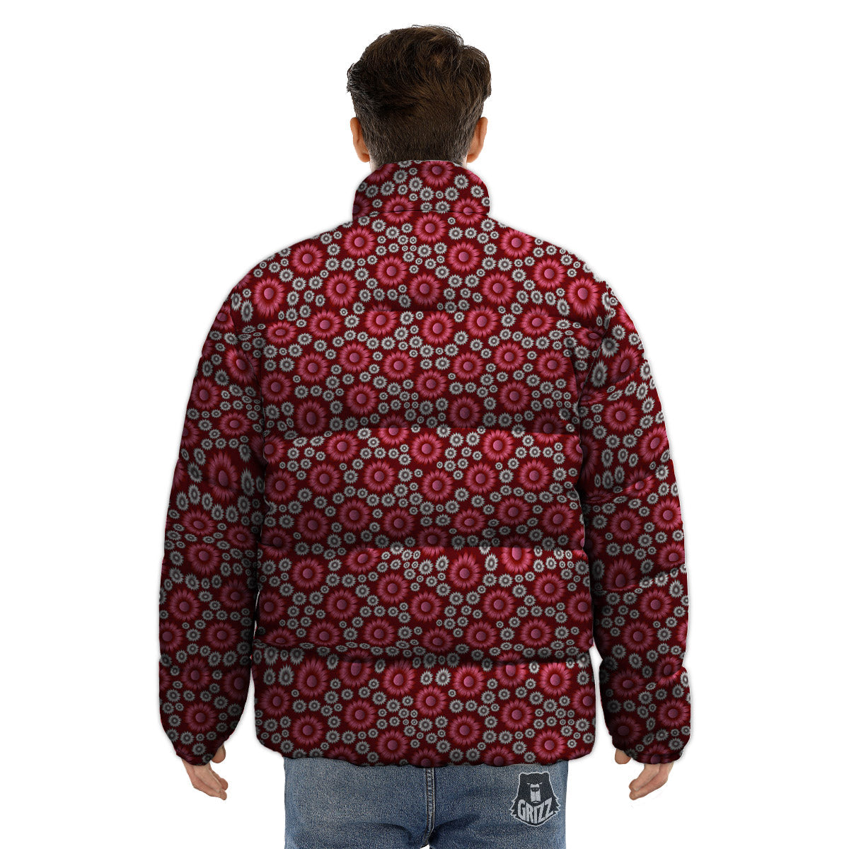 Sunflower Burgundy Print Pattern Puffer Jacket-grizzshop