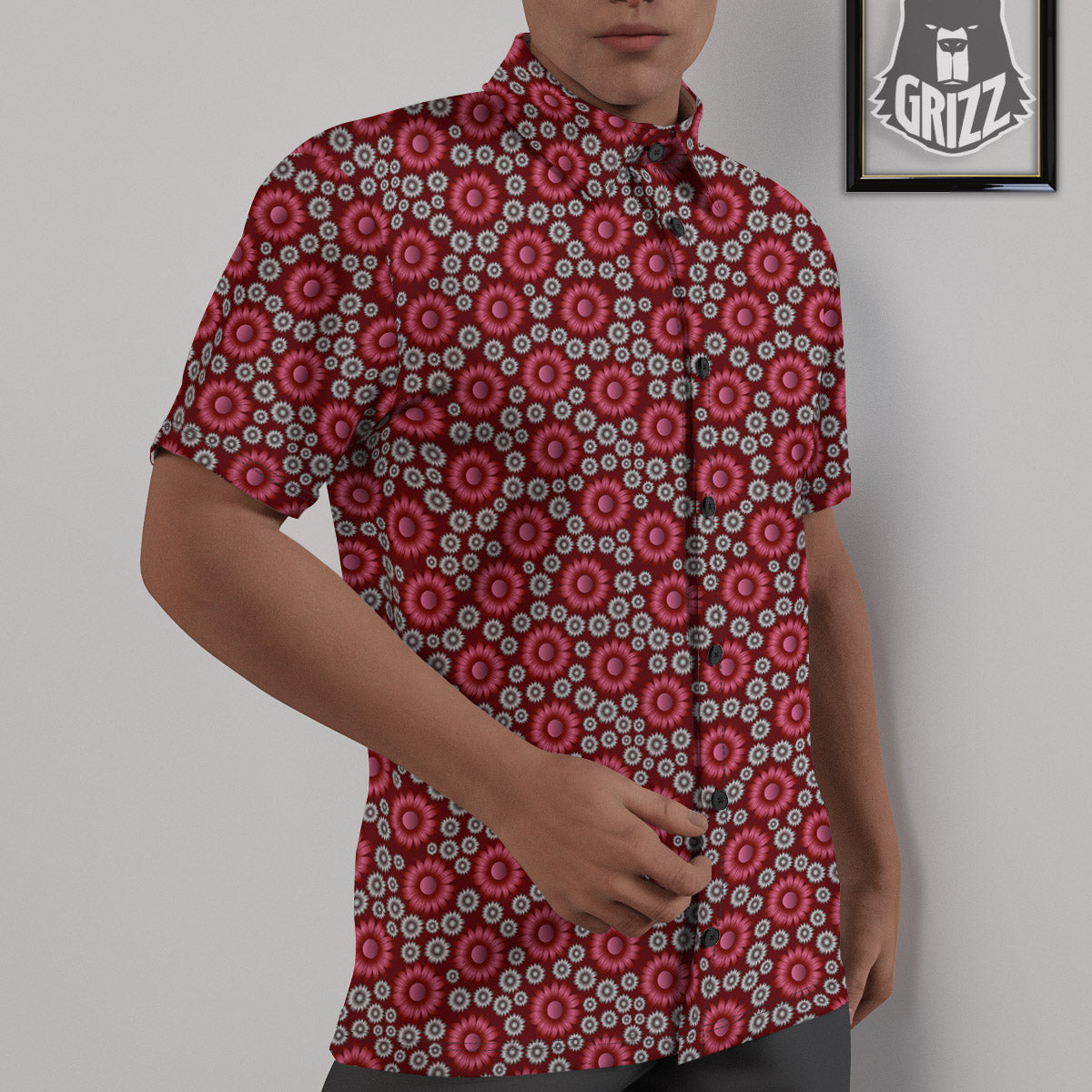 Sunflower Burgundy Print Pattern Untucked Shirts-grizzshop