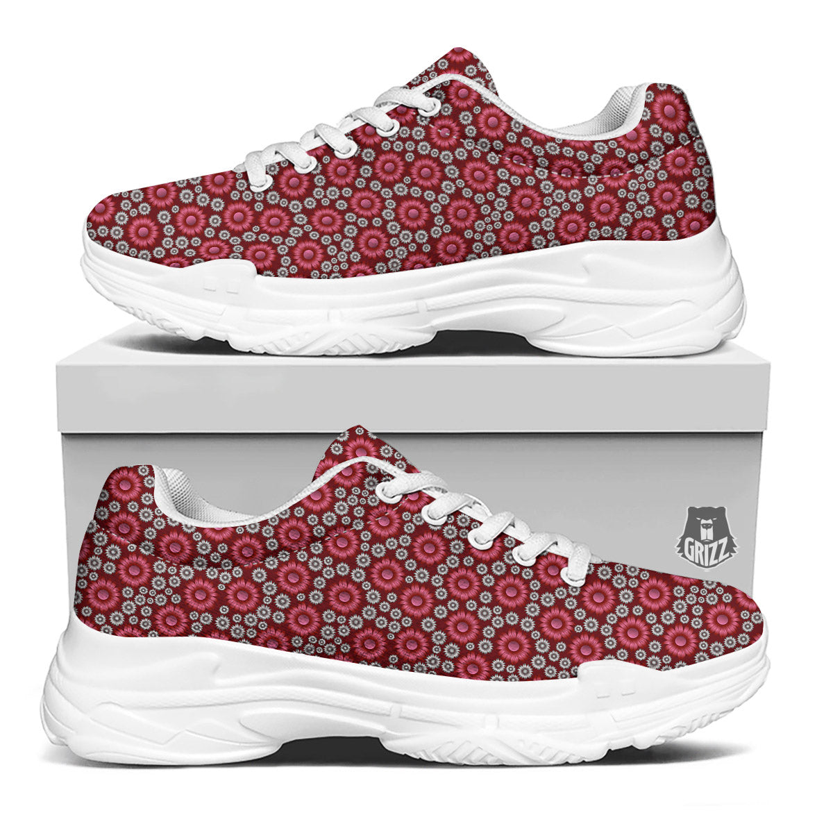 Sunflower Burgundy Print Pattern White Chunky Shoes-grizzshop