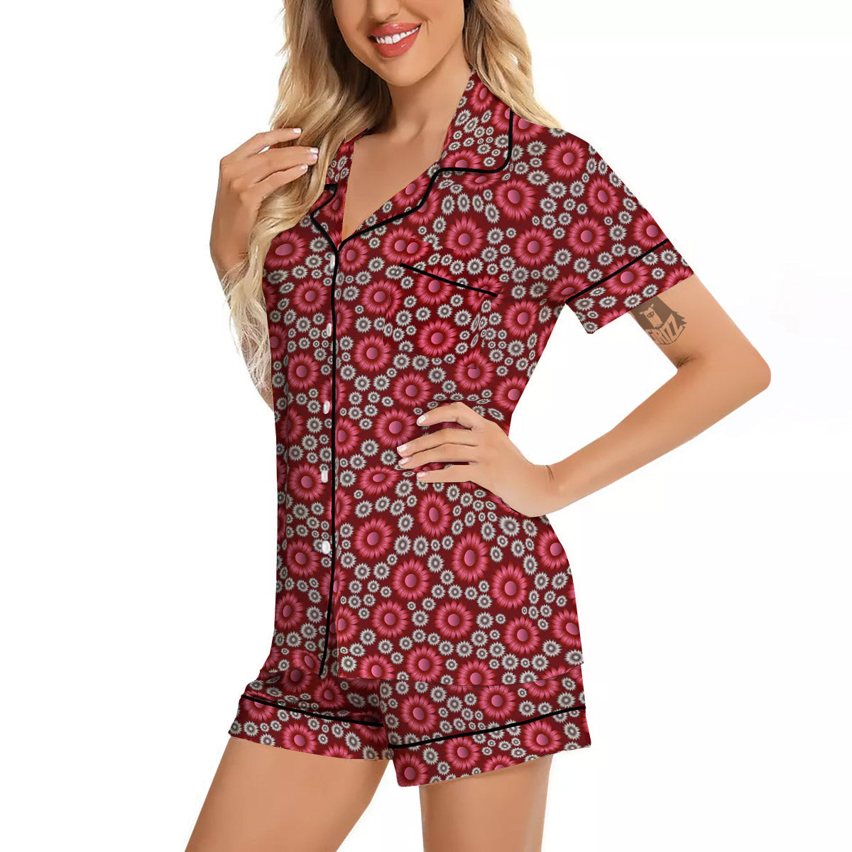 Sunflower Burgundy Print Pattern Women Silk Pajamas-grizzshop