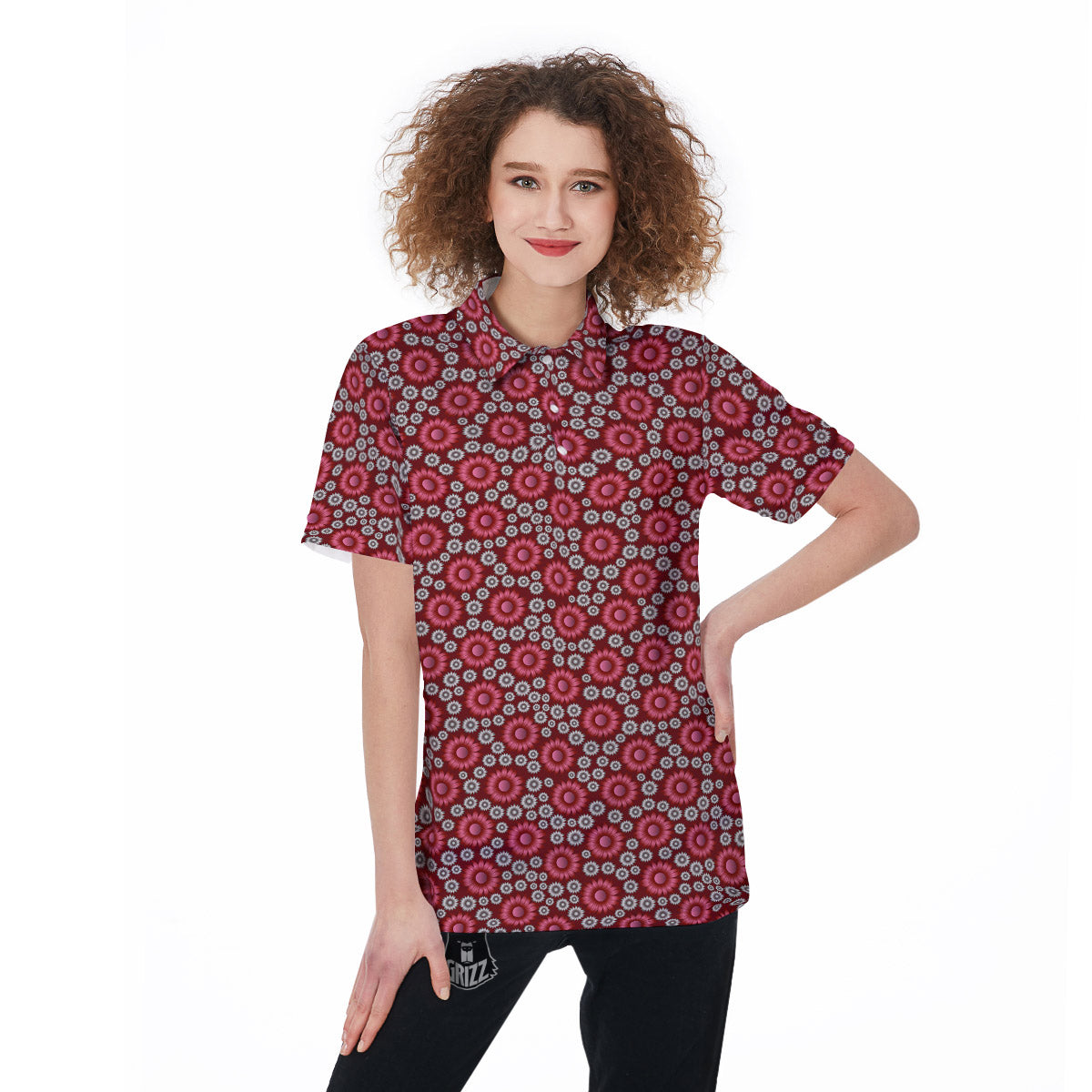 Sunflower Burgundy Print Pattern Women's Golf Shirts-grizzshop