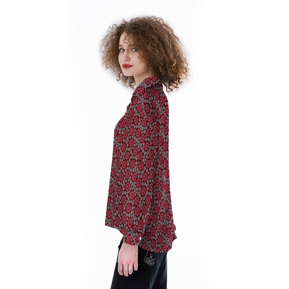 Sunflower Burgundy Print Pattern Women's Long Sleeve Shirts-grizzshop