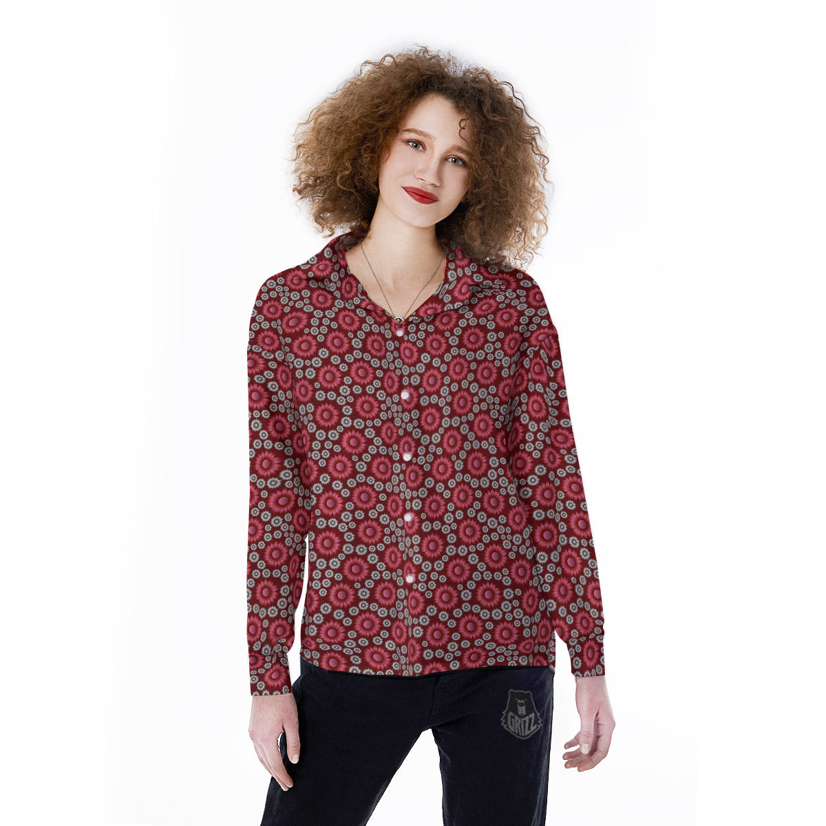 Sunflower Burgundy Print Pattern Women's Long Sleeve Shirts-grizzshop