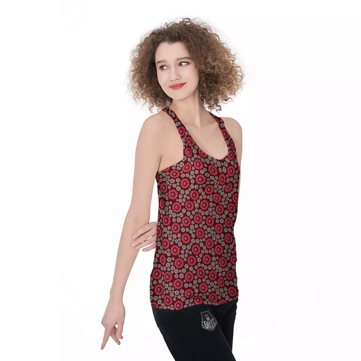 Sunflower Burgundy Print Pattern Women's Racerback Tank Top-grizzshop
