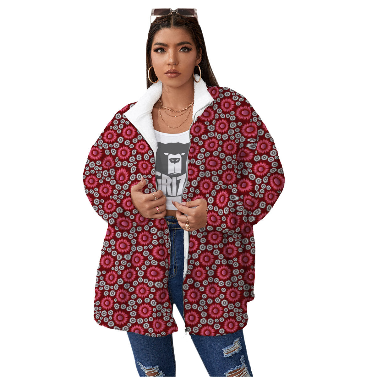 Sunflower Burgundy Print Pattern Women's Sherpa Jacket-grizzshop