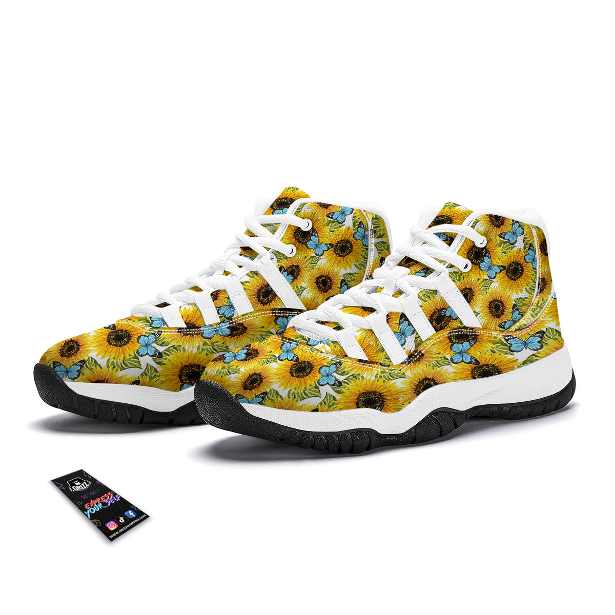Sunflower Butterfly Print White Bball Shoes-grizzshop