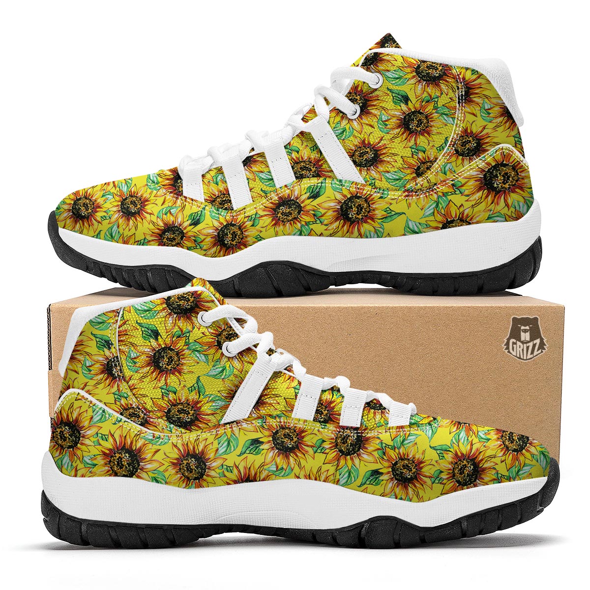 Sunflower Cartoon Pattern Print White Bball Shoes-grizzshop