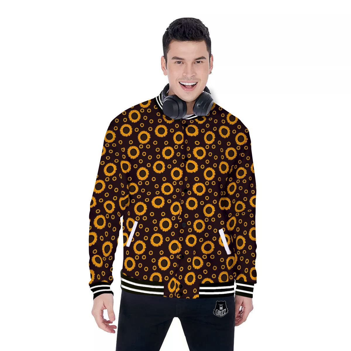 Sunflower Dark Print Pattern Baseball Jacket-grizzshop