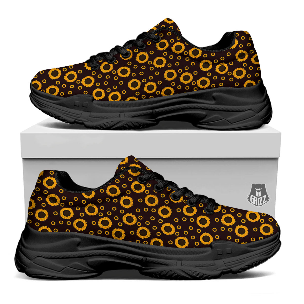 Sunflower Dark Print Pattern Black Chunky Shoes-grizzshop