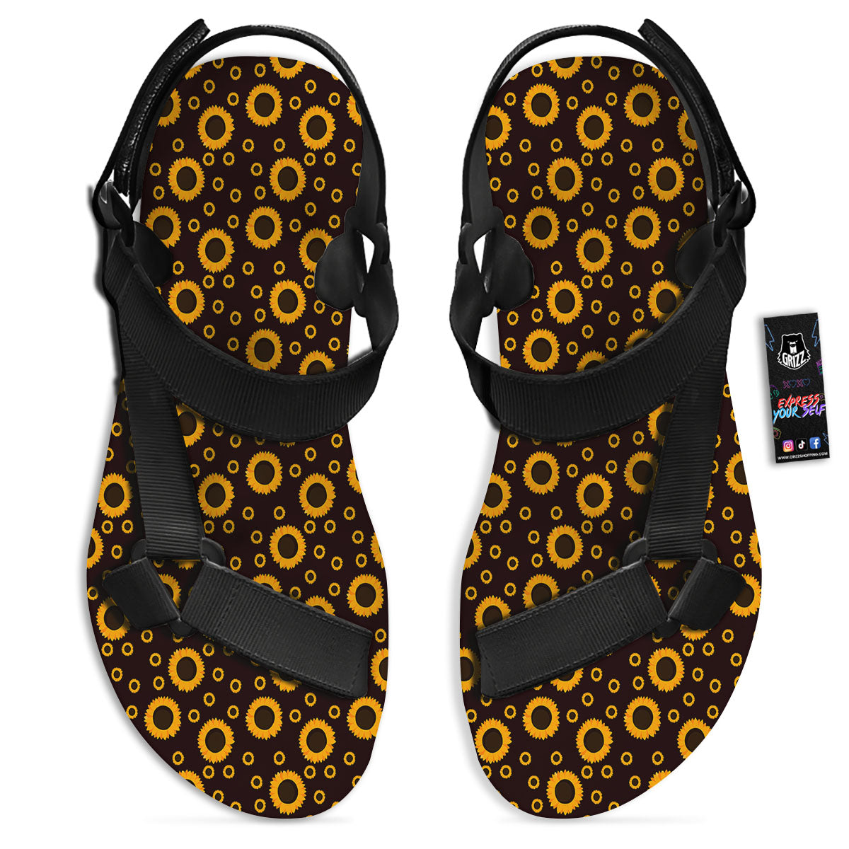 Sunflower Dark Print Pattern Black Open Toe Sandals-grizzshop