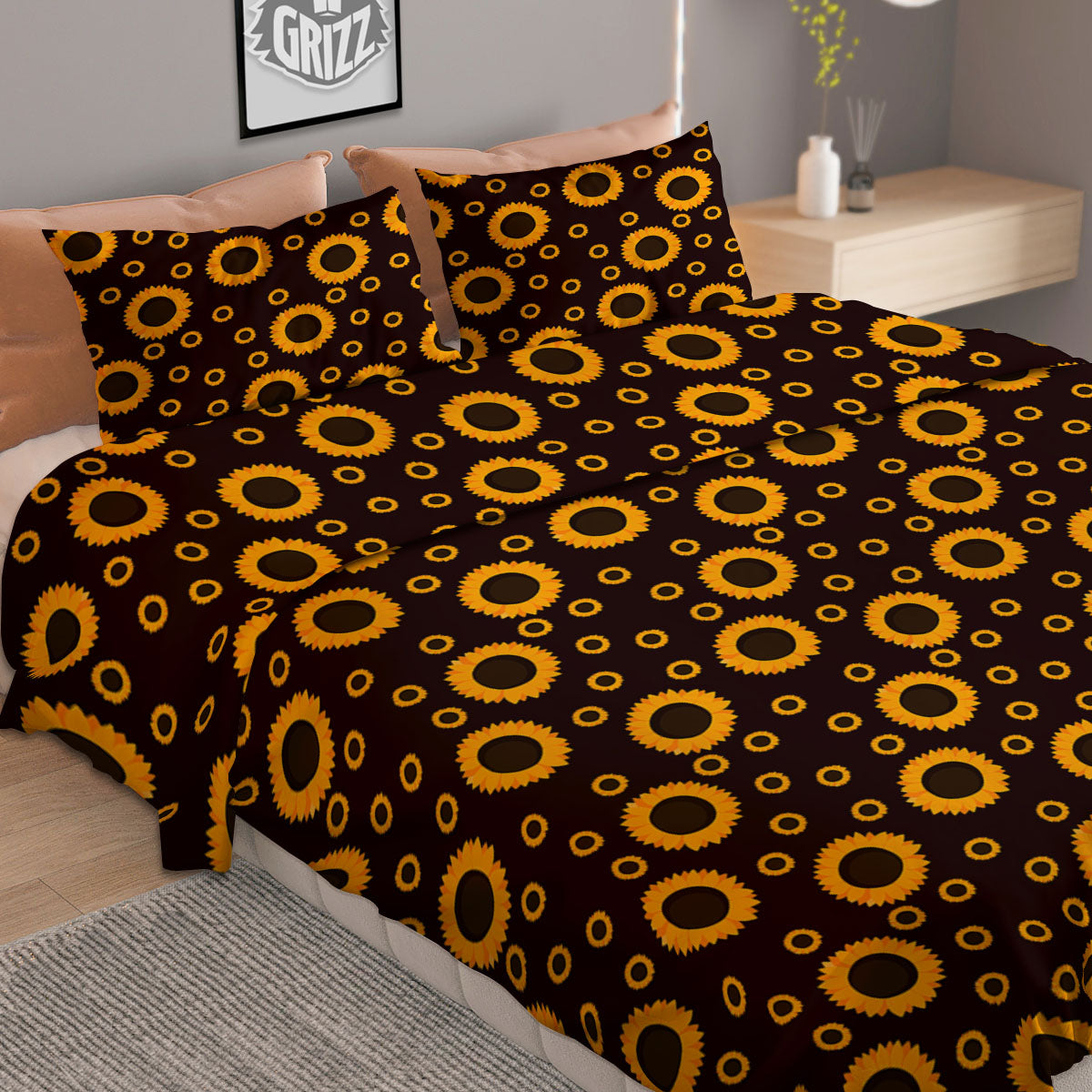 Sunflower Dark Print Pattern Duvet Cover Bedding Set