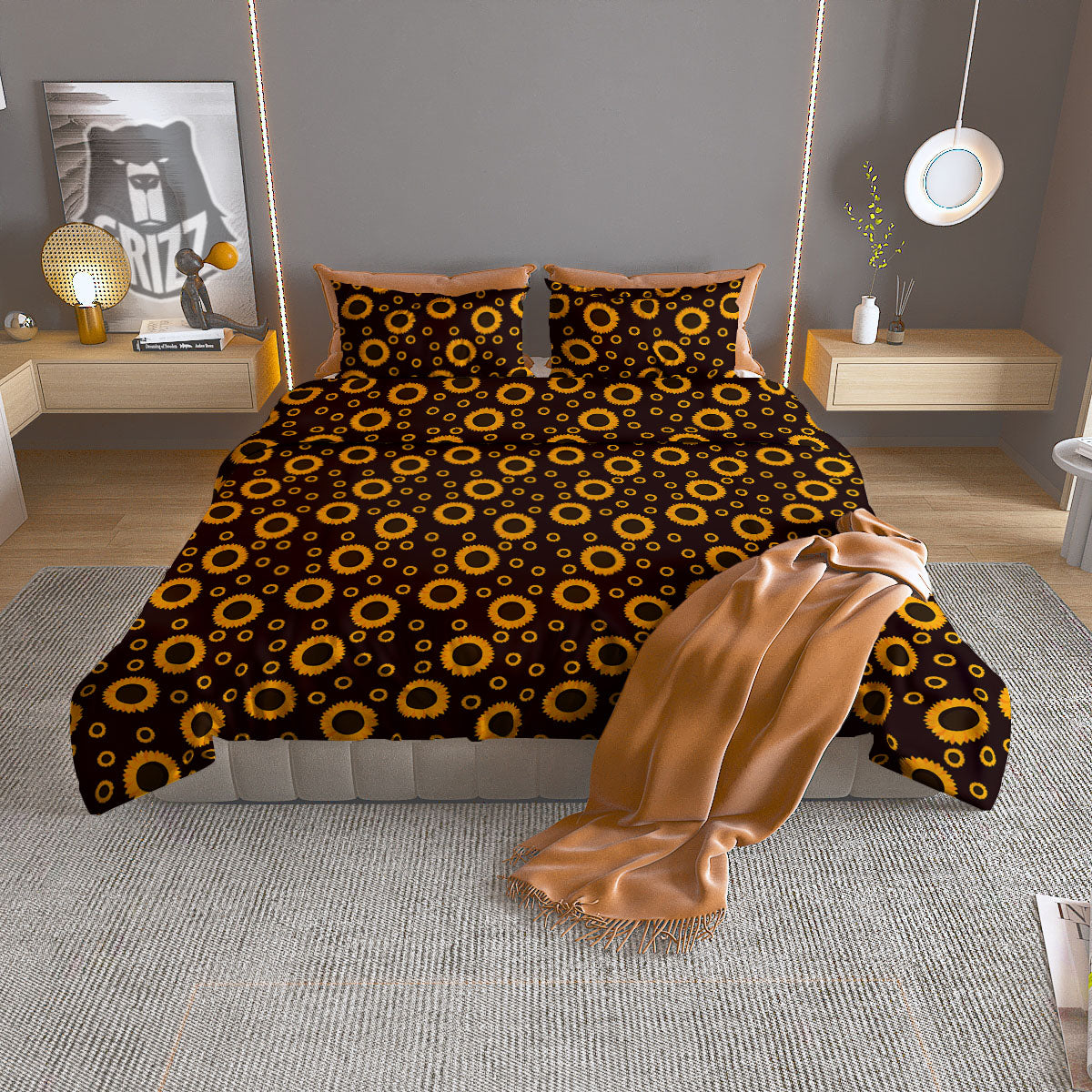 Sunflower Dark Print Pattern Duvet Cover Bedding Set