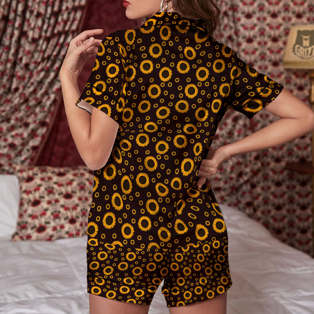 Sunflower Dark Print Pattern Women Silk Pajamas-grizzshop
