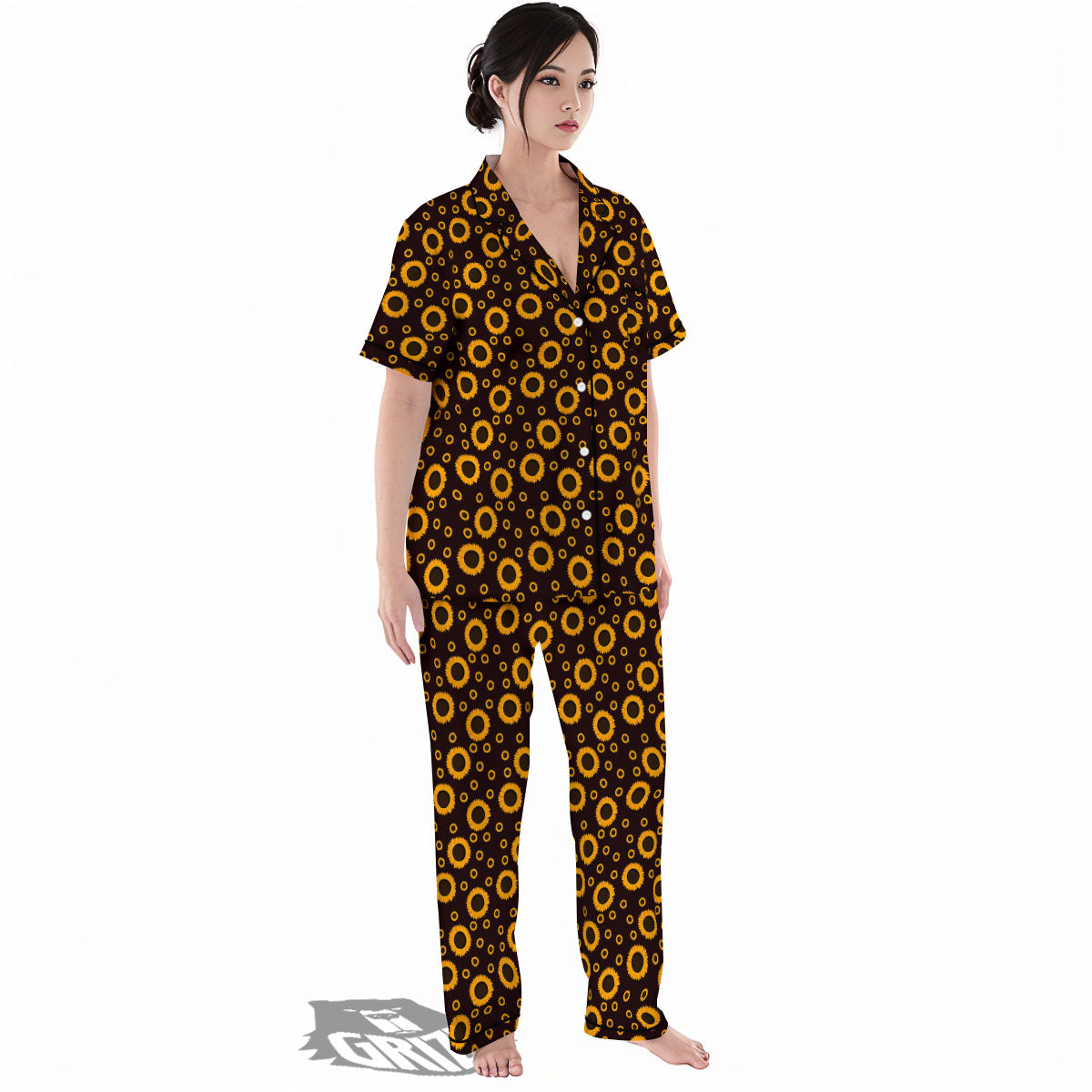 Sunflower Dark Print Pattern Women's Pajamas Set-grizzshop