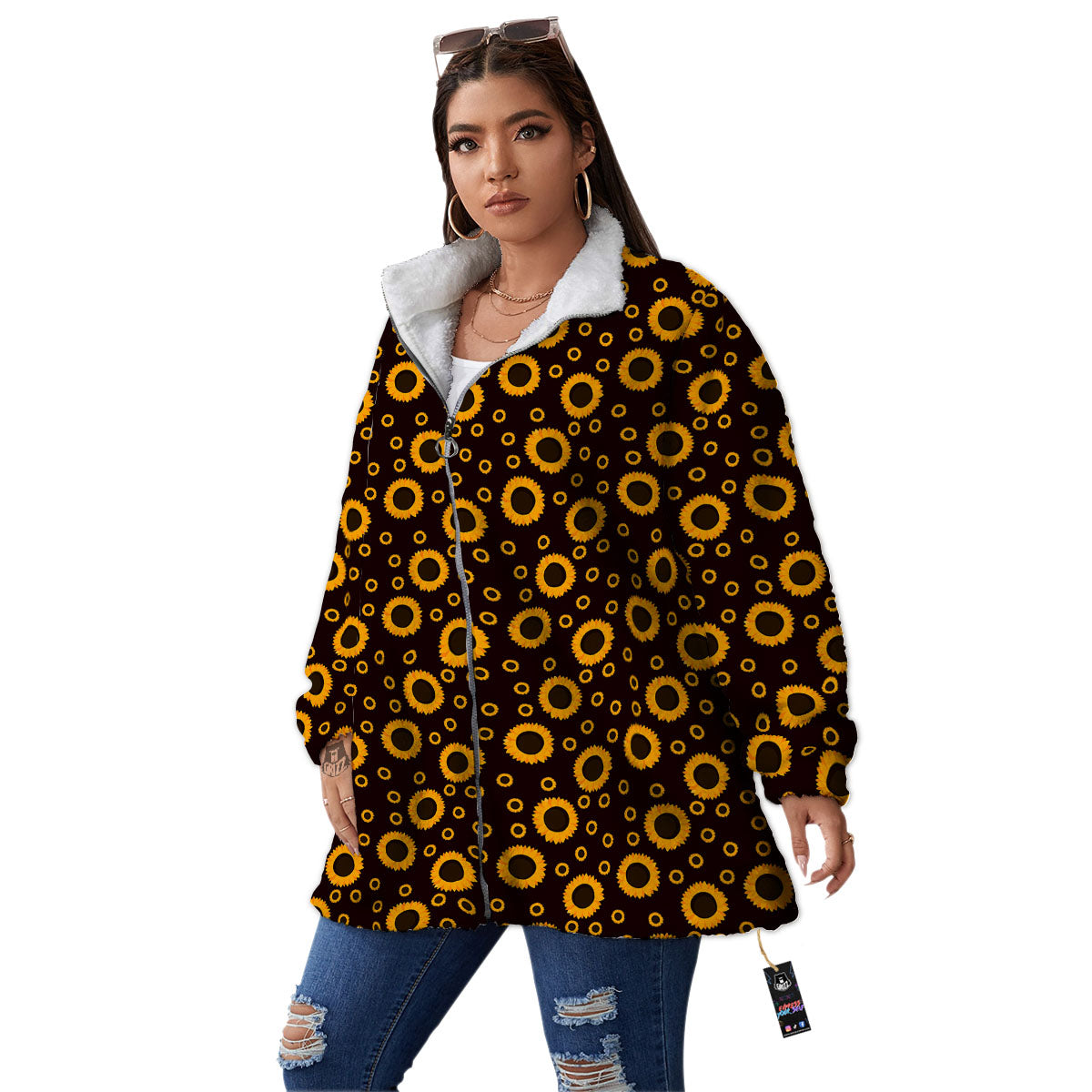 Sunflower Dark Print Pattern Women's Sherpa Jacket-grizzshop