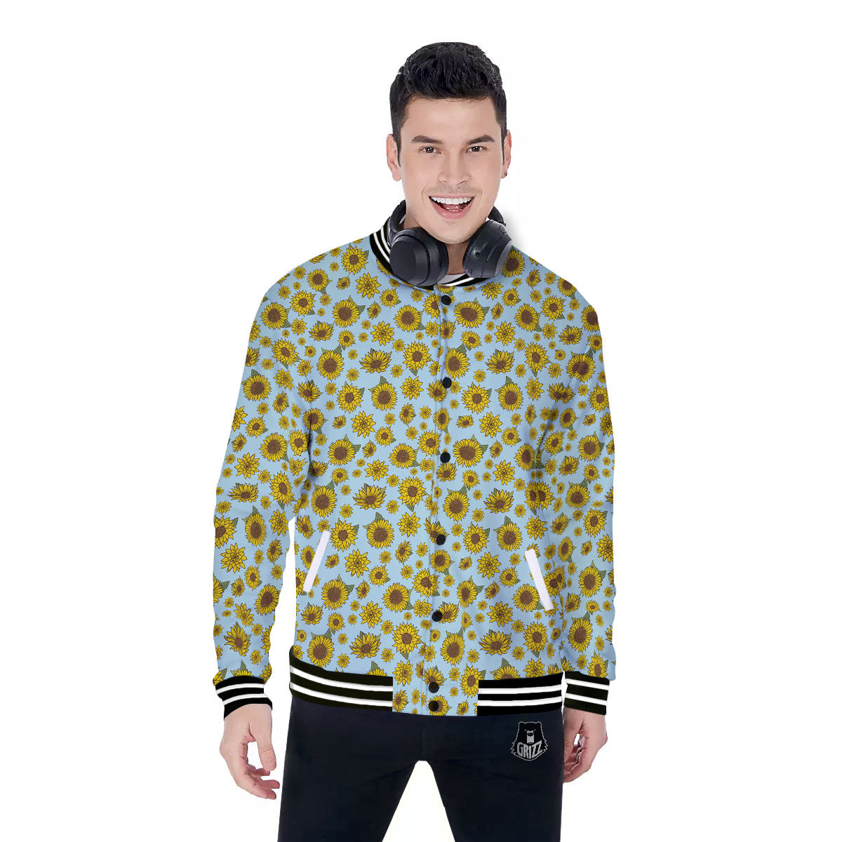 Sunflower Doodle Print Pattern Baseball Jacket-grizzshop