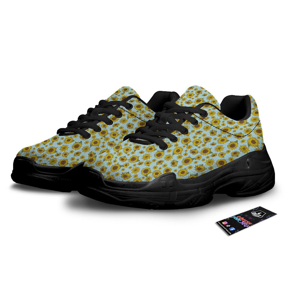 Sunflower Doodle Print Pattern Black Chunky Shoes-grizzshop
