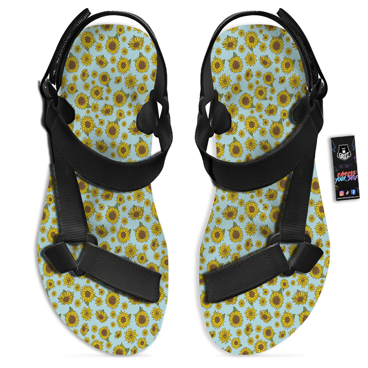 Sunflower Doodle Print Pattern Black Open Toe Sandals-grizzshop