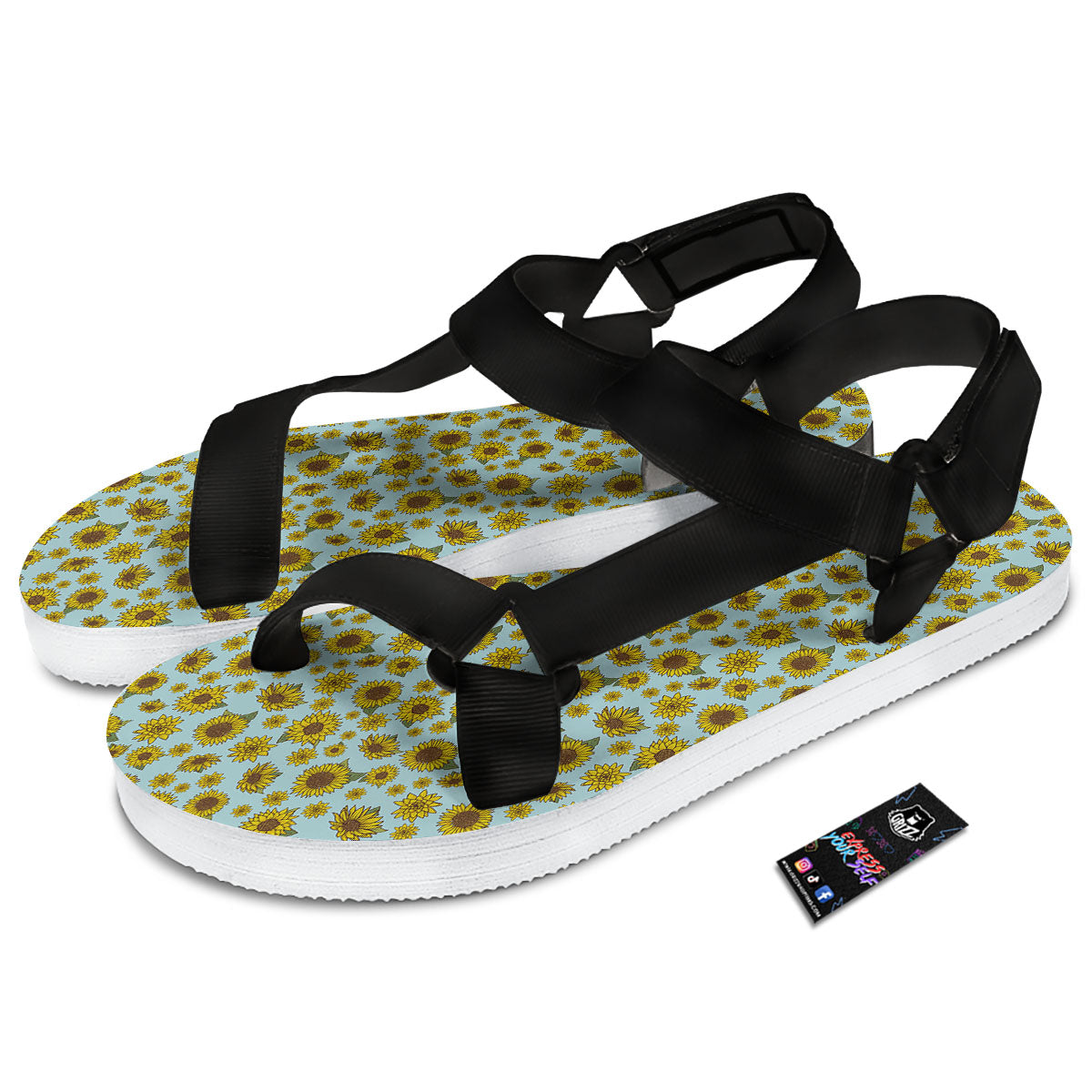 Sunflower Doodle Print Pattern Black Open Toe Sandals-grizzshop