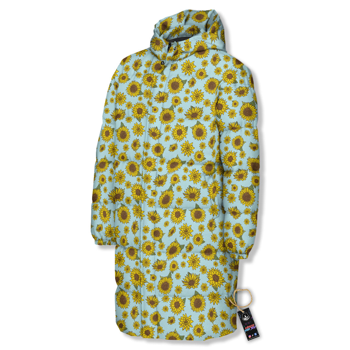 Sunflower Doodle Print Pattern Long Down Jacket-grizzshop