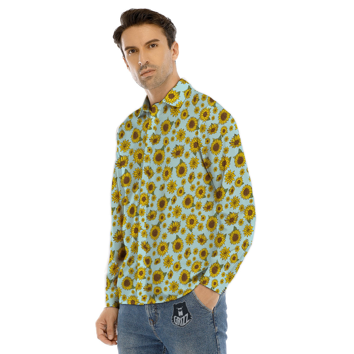 Sunflower Doodle Print Pattern Men's Dress Shirts-grizzshop