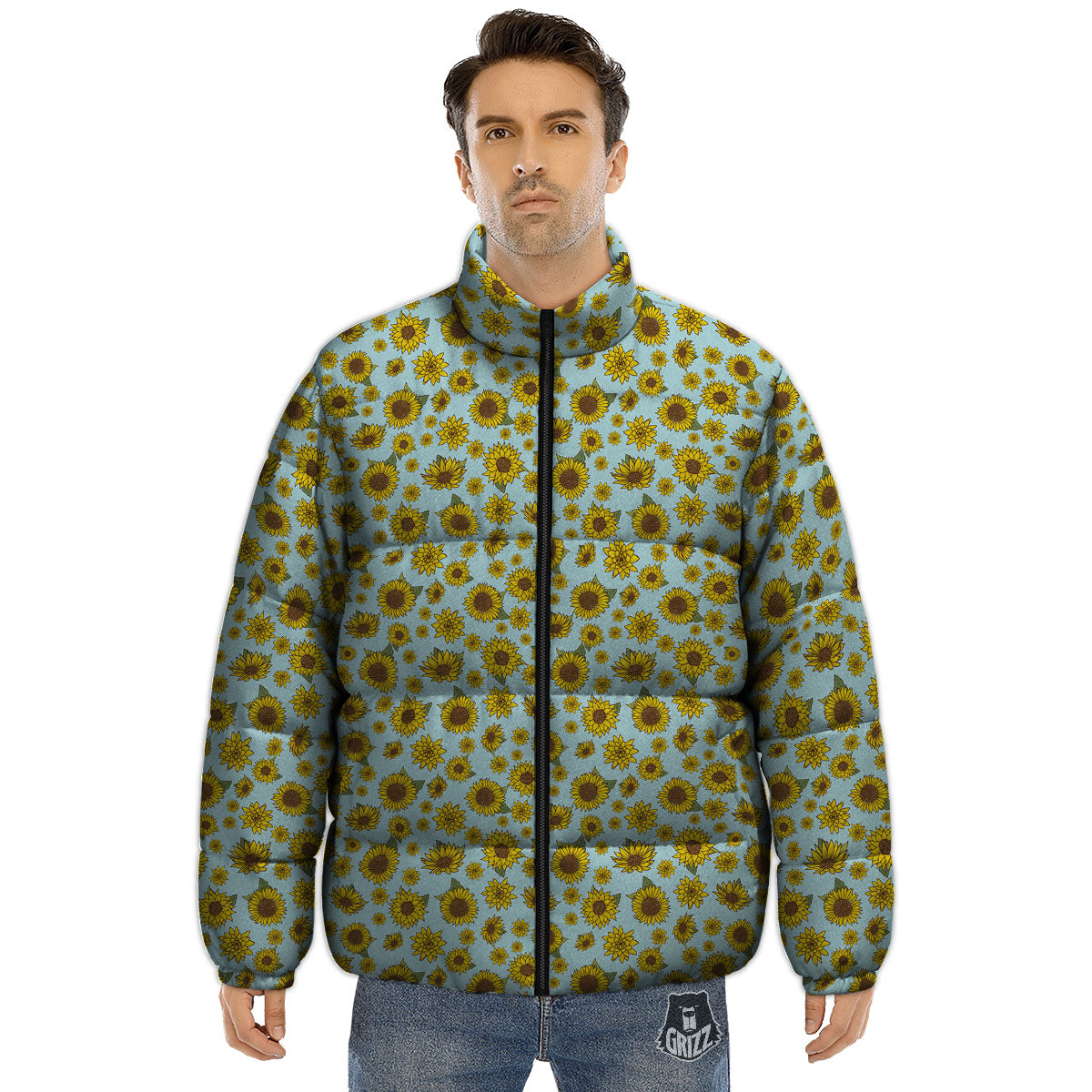 Sunflower Doodle Print Pattern Puffer Jacket-grizzshop