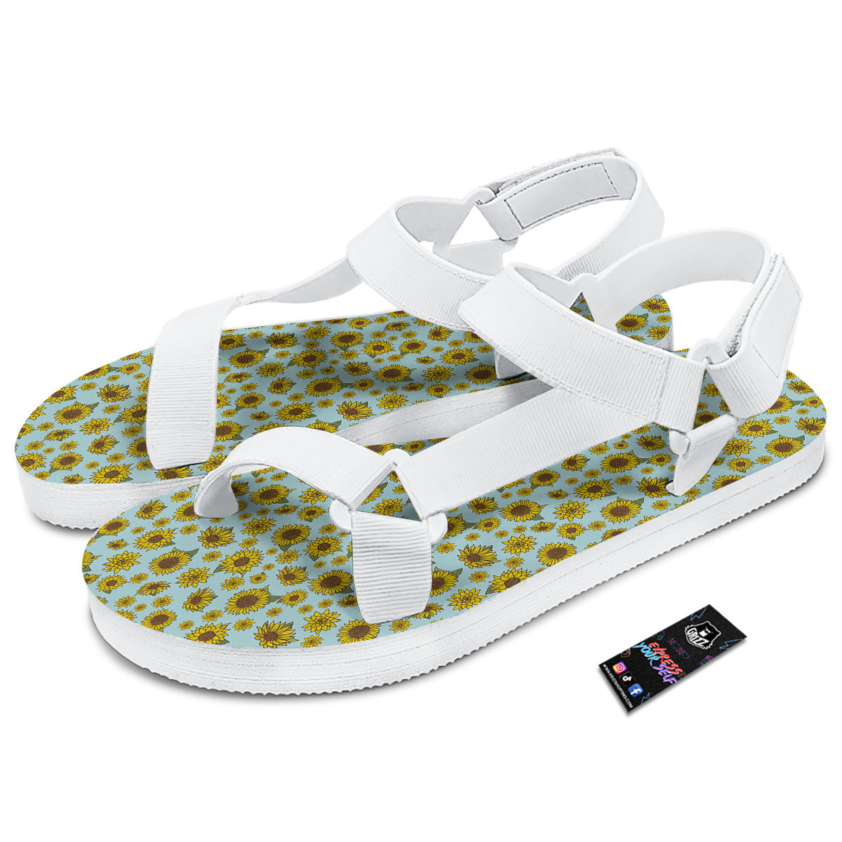 Sunflower Doodle Print Pattern White Open Toe Sandals-grizzshop