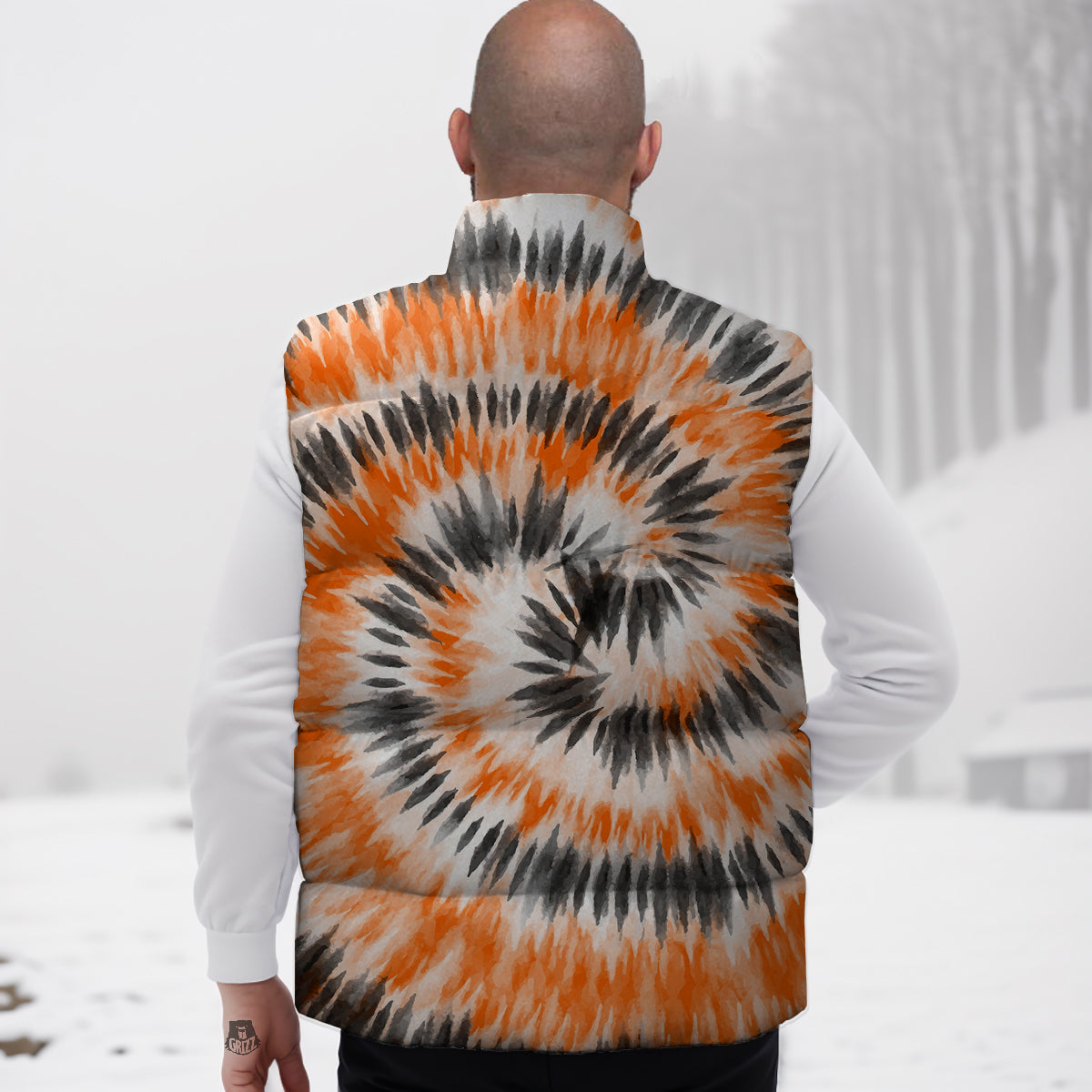 Tie Dye Orange Black Watercolor Print Down Vest
