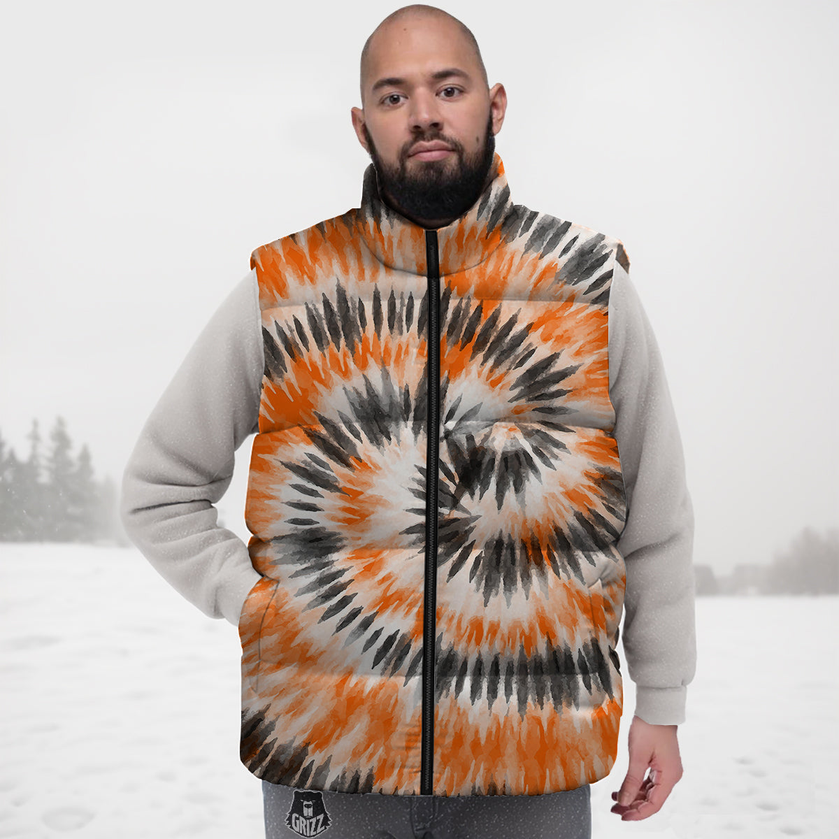 Tie Dye Orange Black Watercolor Print Down Vest