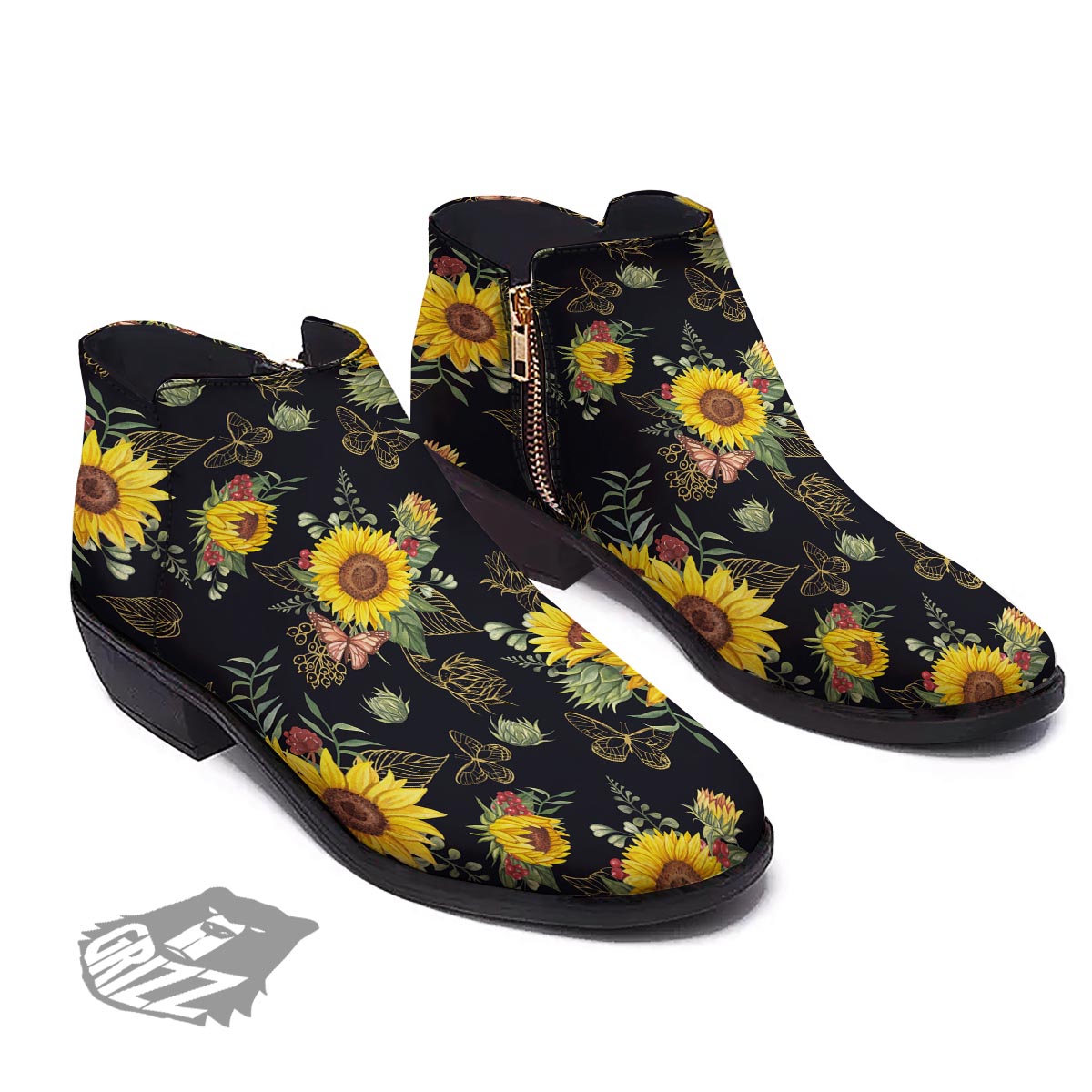 Sunflower Field Print Pattern Ankle Boots-grizzshop