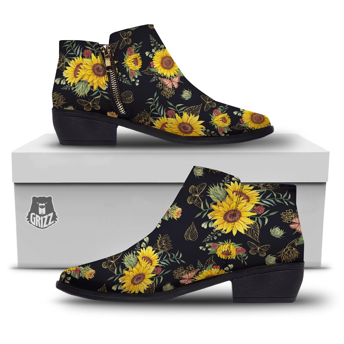 Sunflower Field Print Pattern Ankle Boots-grizzshop