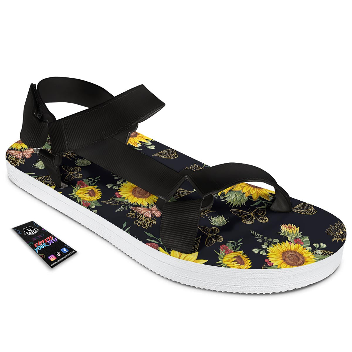 Sunflower Field Print Pattern Black Open Toe Sandals-grizzshop