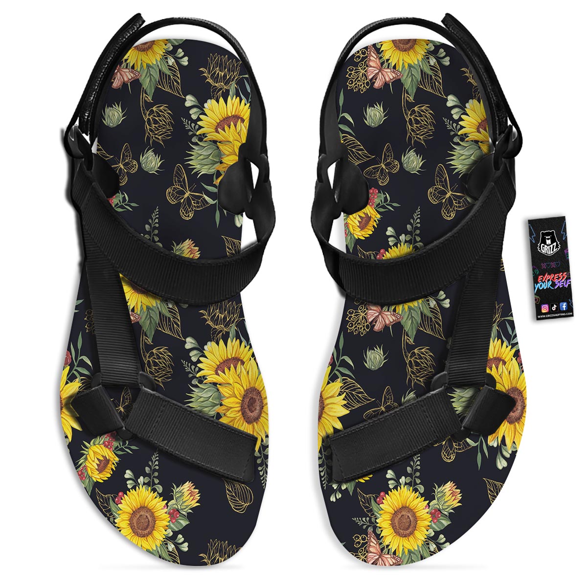 Sunflower Field Print Pattern Black Open Toe Sandals-grizzshop