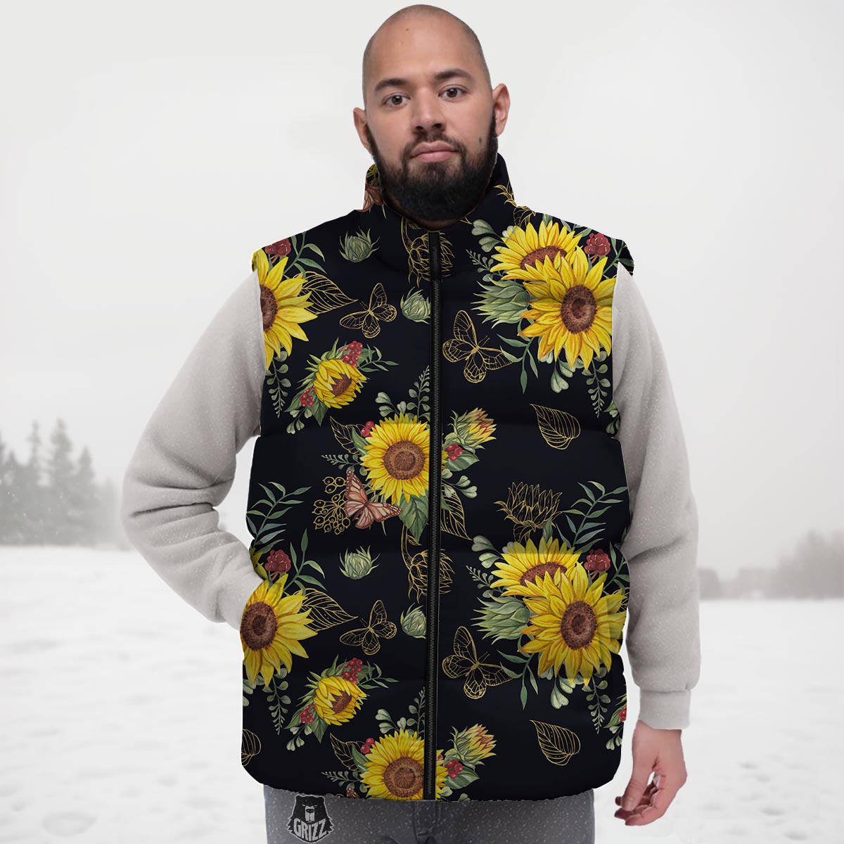Sunflower Field Print Pattern Down Vest