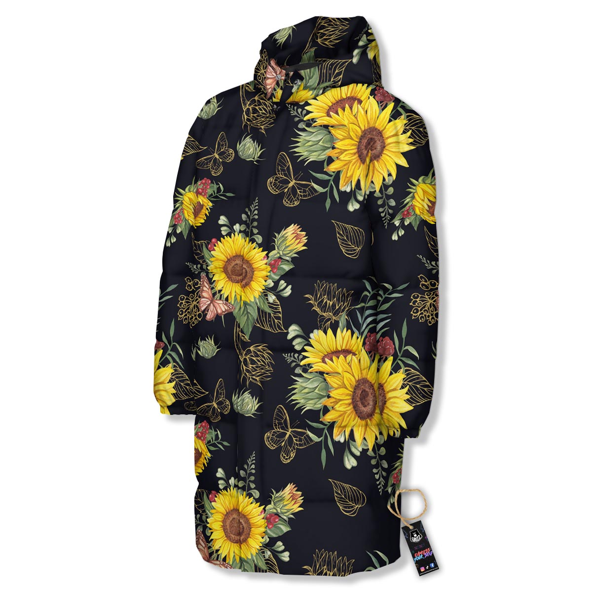 Sunflower Field Print Pattern Long Down Jacket-grizzshop