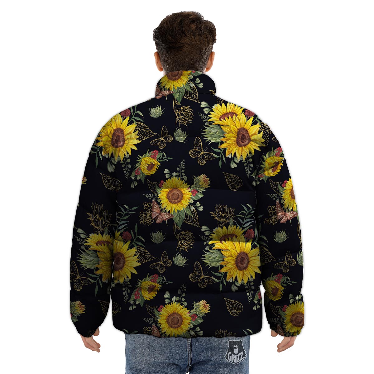 Sunflower Field Print Pattern Puffer Jacket-grizzshop
