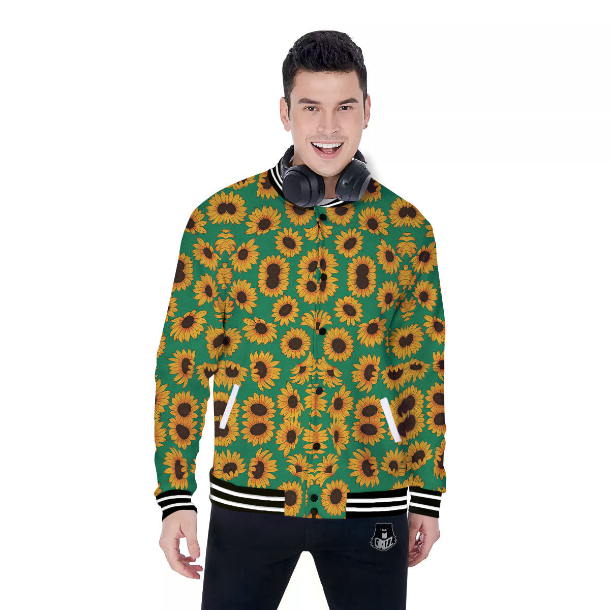 Sunflower Green Print Pattern Baseball Jacket-grizzshop